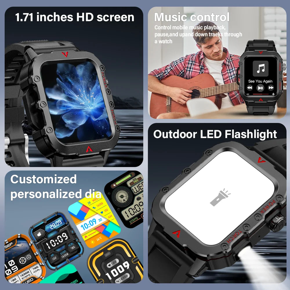 Montre Connectée Homme LAXASFIT – Torche LED, Sport, Suivi Santé, Bluetooth 5.2