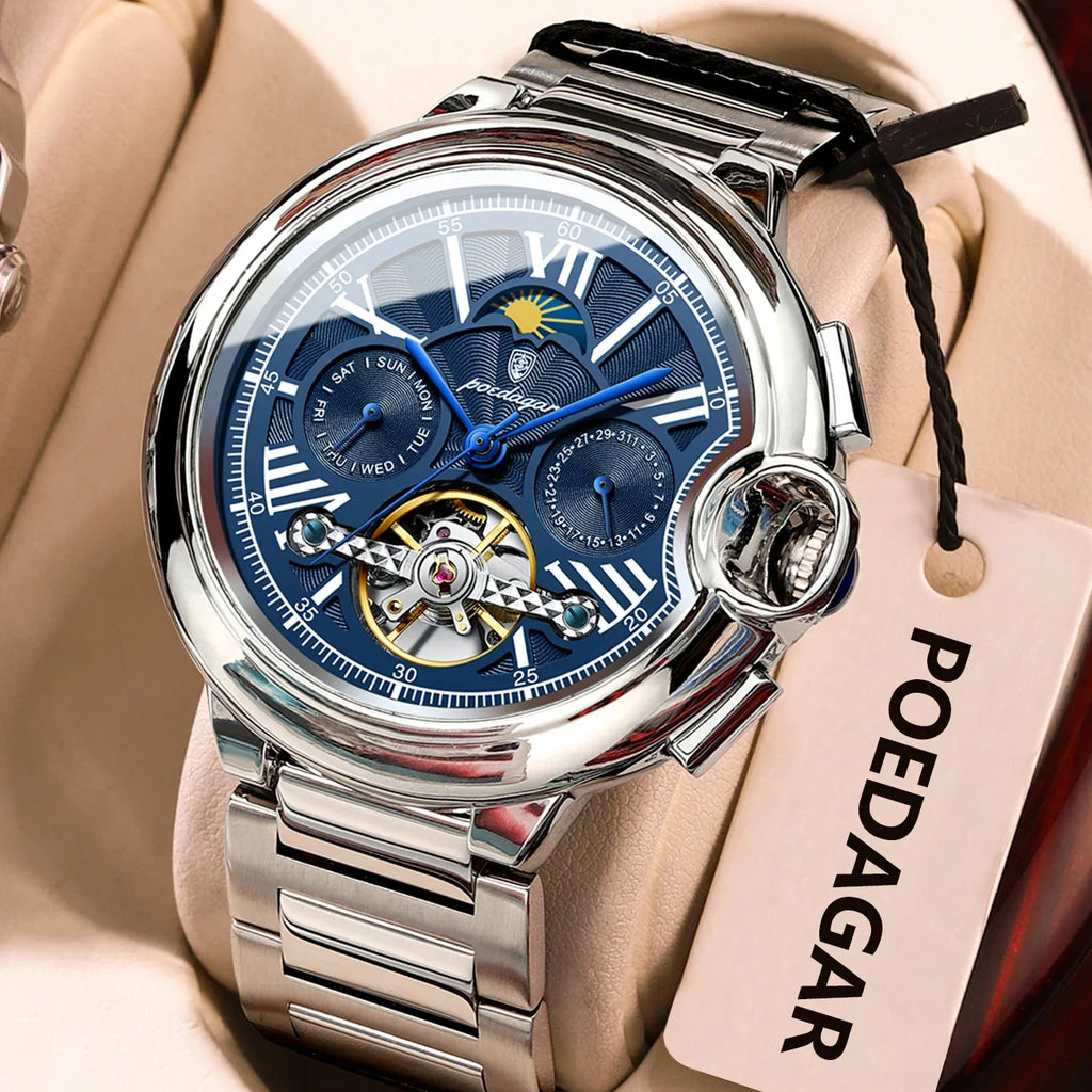 POEDAGAR Luxury Business Male Watch Date Week Stainless Steel Tourbillon Men Clock Waterproof Automatic Mechanical Men's Watches - Maliame Store