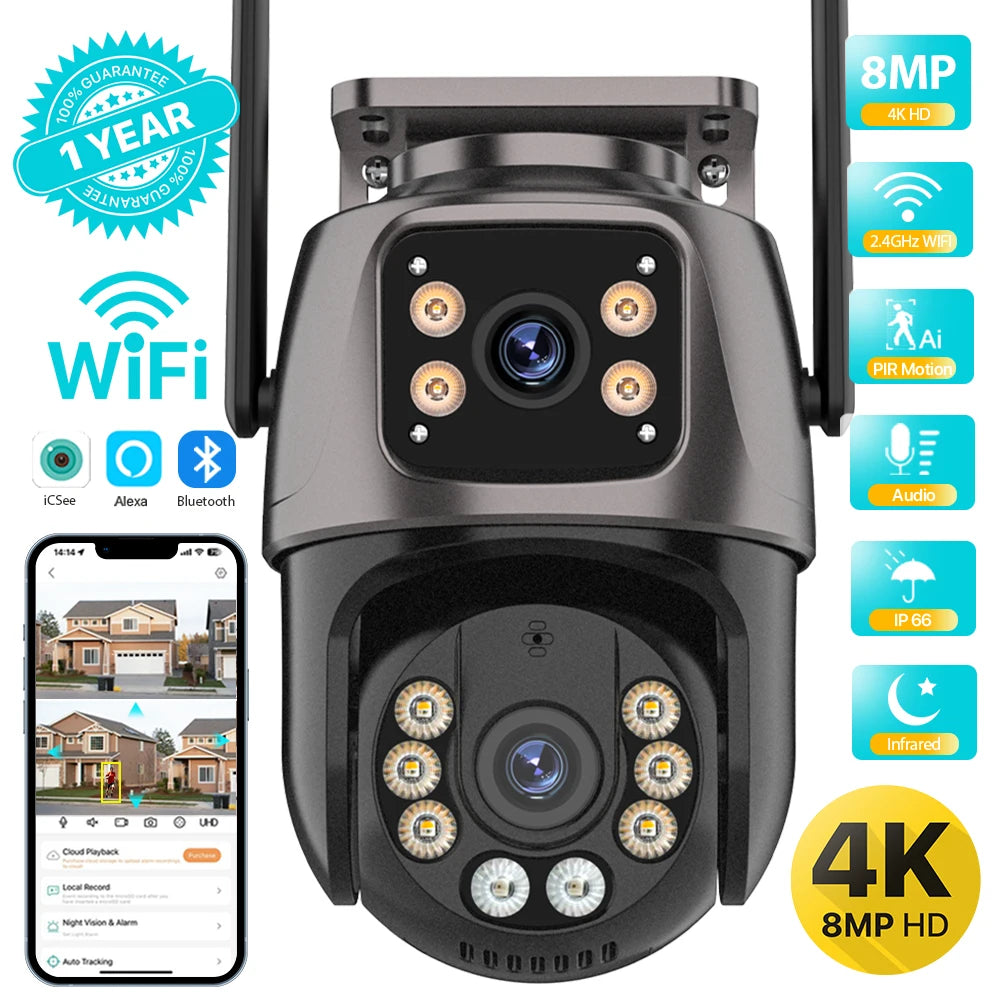 4K 8MP HD Wifi PTZ Camera Outdoor 4MP Dual Lens Dual Screen AI Auto Tracking IP Camera CCTV Audio Video Surveillance P2P iCSee - Maliame Store