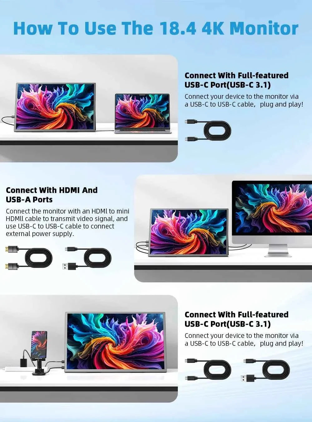 UPERFECT 18.4 inch 4K QLED Portable Monitor Gaming Computer Display Ultra-Slim Extend Screen For PS5/4 Switch Laptop PC Mac Xbox - Maliame Store