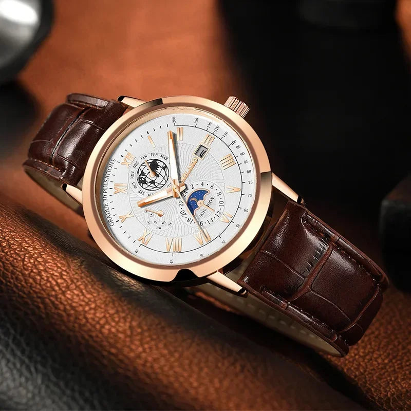 Men's Leather Strap Quartz Watch - Affordable Earth Date Wristwatches for Men - Maliame Store