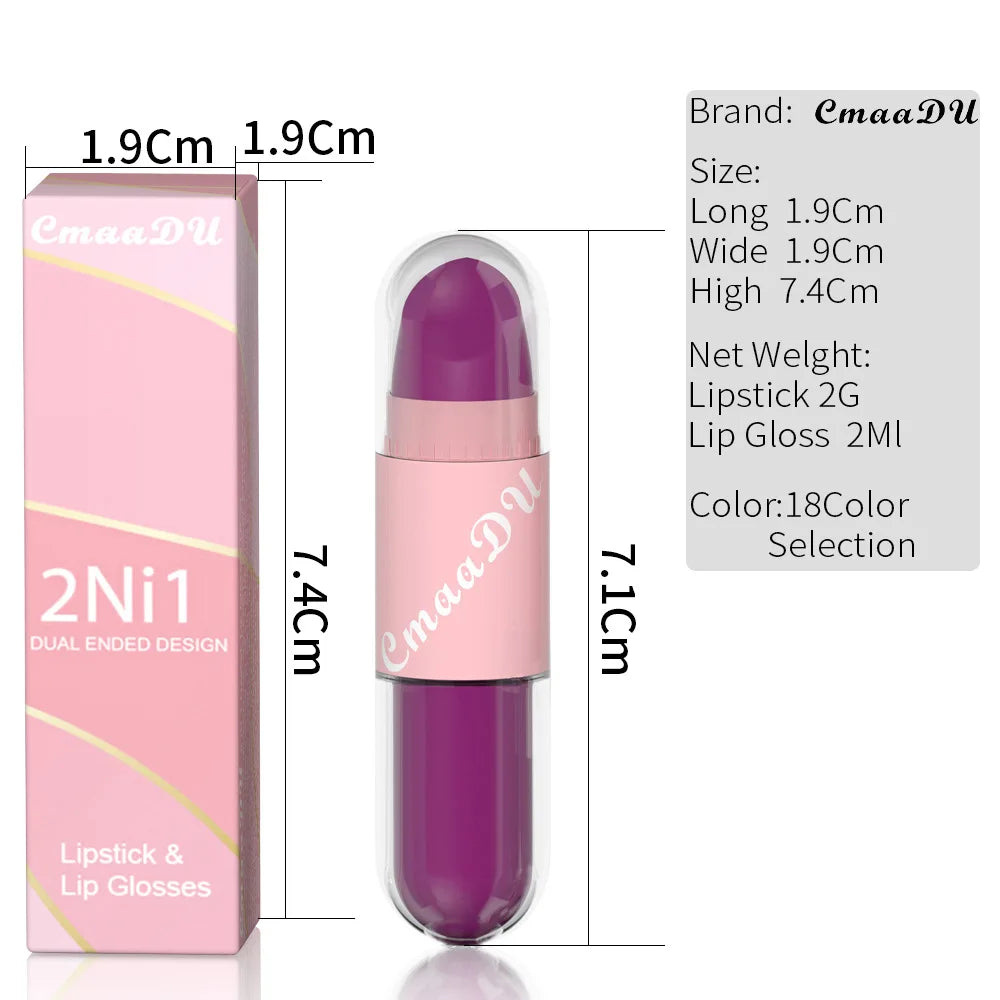 18 Colors 2 in 1 Matte Lipstick Liquid Purple Lip Glaze Double Head Lip Makeup Lasting Waterproof Velvet Sexy Dark Red Lipsticks - Maliame Store