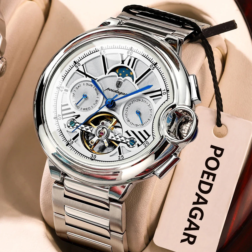 POEDAGAR Luxury Business Male Watch Date Week Stainless Steel Tourbillon Men Clock Waterproof Automatic Mechanical Men's Watches - Maliame Store