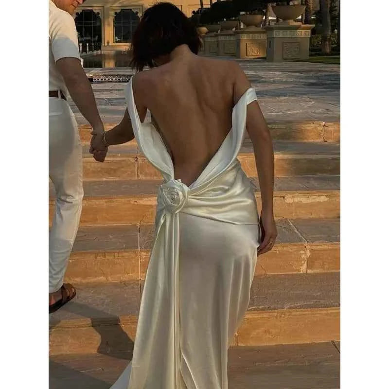 Elegant Satin Dress for Women Sexy Spliced Floral Hollow Out Backless Slit Long Dresses 2025 New Chic Temperament Cocktail Dress