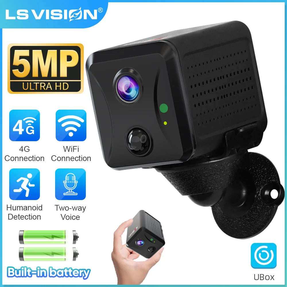 LS VISION Mini caméra de sécurité 4G 5MP Carte SIM Caméra Wifi sans fil 3800mAh Caméscope Détection humaine PIR Enregistreur vidéo Ubox
