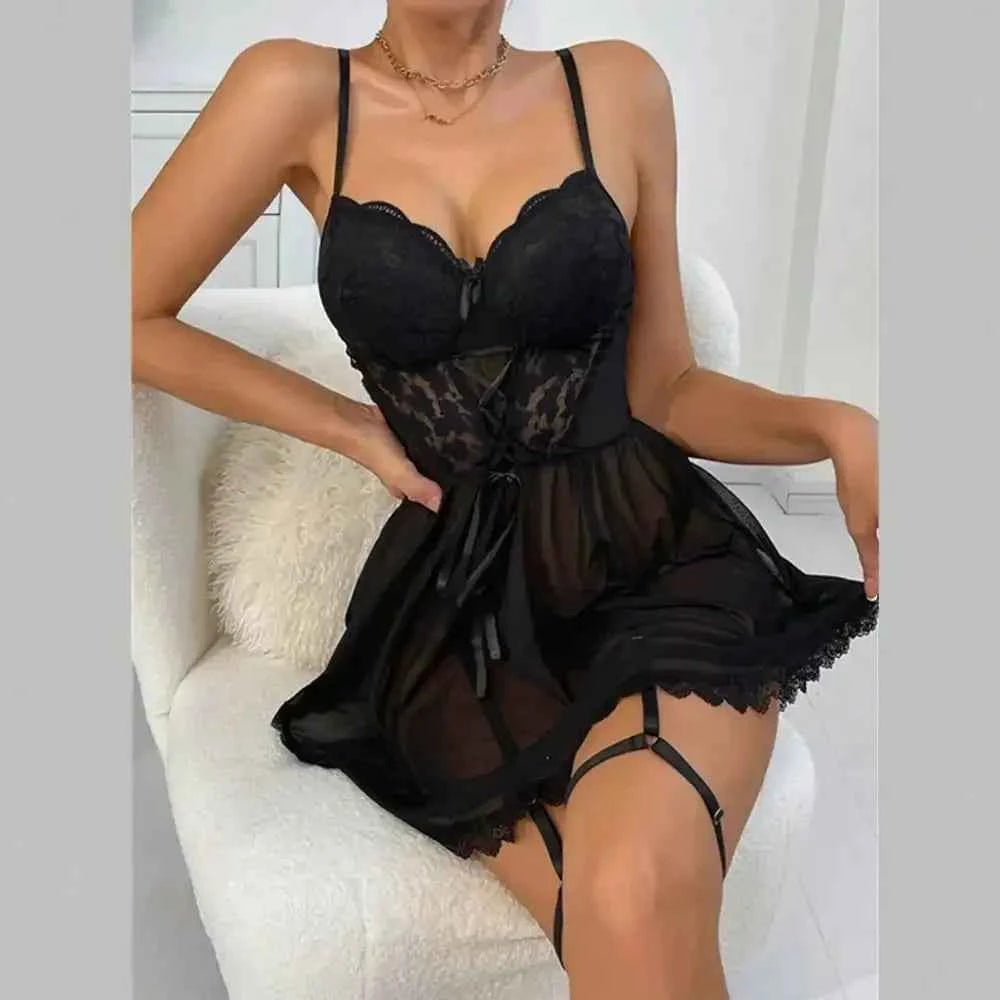 Sexy nightdress: Elegant Floral Chemise Lingerie With Thong, Garter Belt, And Strapless Boudoir Sleepwear