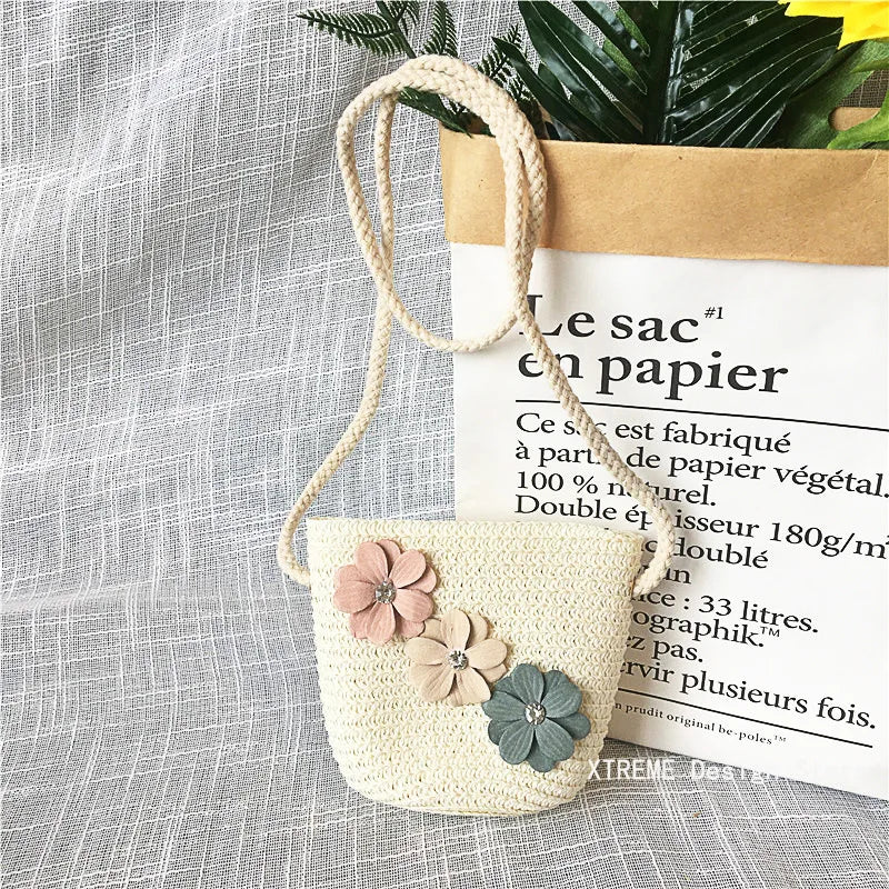Summer Children's Straw Woven Messenger Bag Lovely Girls Small Coin Purse Handbags Baby Kids Mini Shoulder Bags Princess Wallet - Maliame Store