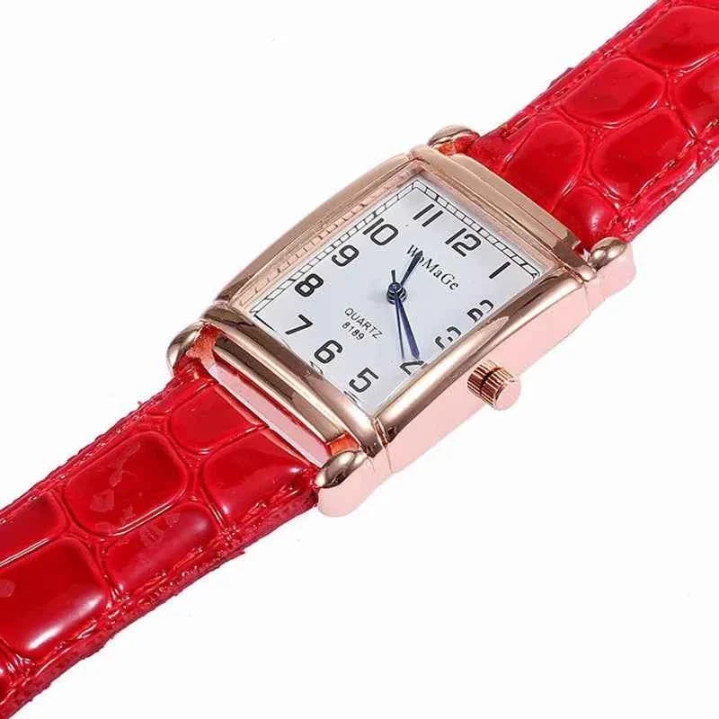 Fashion Women Watches Luxury Metal Rose Gold Square Ladies Quartz Wristwatch Rectangle Red Leather Female Clock - Maliame Store