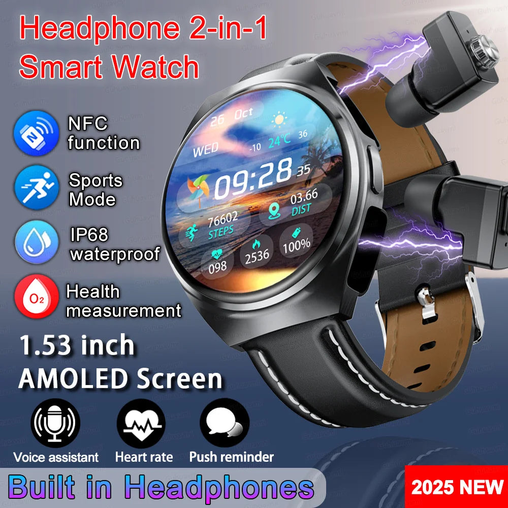2025 New Man Smart Watch TWS Headset Two In One Wireless Bluetooth Dual Earbuds Call Health Monitor Sport Tracker NFC Smartwatch - Maliame Store