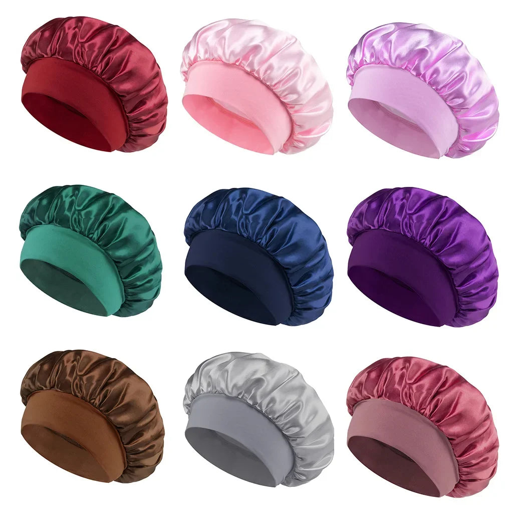 Women Satin Bonnet Hair Bonnet for Sleeping Hair Care Silk Bonnets Solid Wide-brimmed Sleeping Hat with Elastic Soft Band - Maliame Store