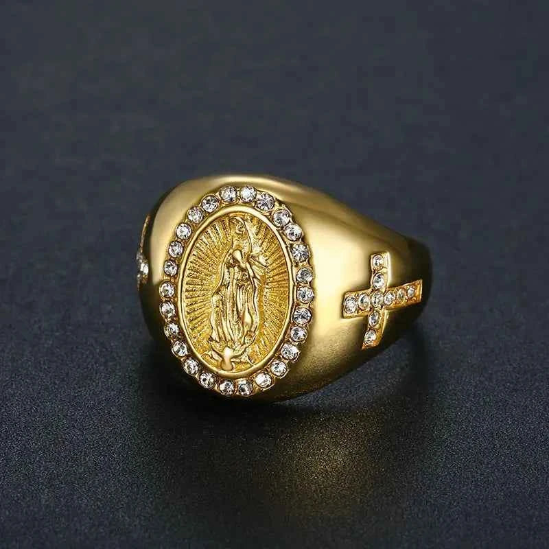New arrival US 6-13 size Men's Gold color Cubic Zirconia Our Lady of Guadalupe Virgin Mary Ring Religious Ring