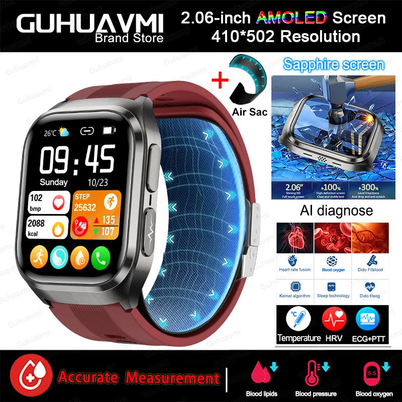 2026 Nouvelle Mise à Niveau AI Diagnostic Airbag Tension Artérielle Précise Santé Montre Intelligente Acide Urique ECG Lipides Sanguins Montre Intelligente Hommes Femmes