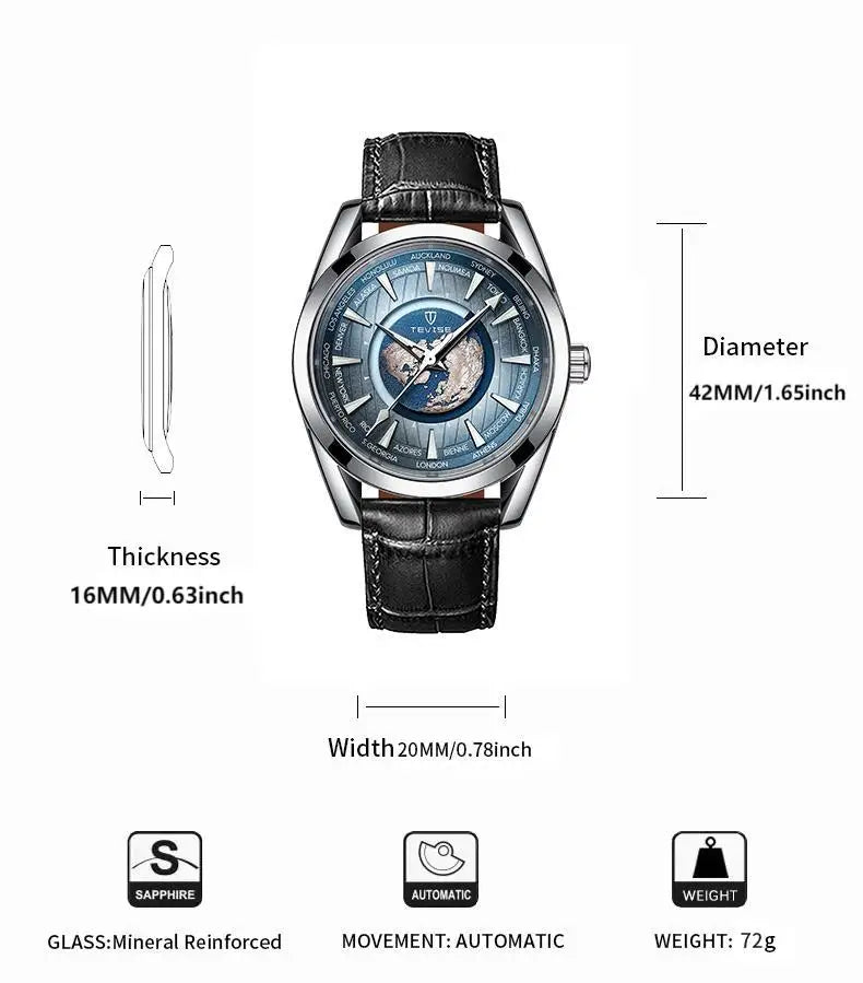 TEVISE Automatic Mechanical Wristwatch for Men - Stainless Steel Earth Map Dial, Fashion Top Brand, Waterproof Gift - Maliame Store