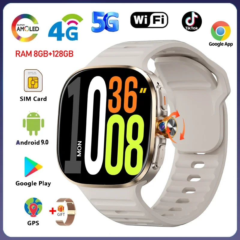 Montre Intelligente 5G/4G Tout Réseau Appel Vidéo sur Grand Écran HD 2,40 pouces 720*720 8 Go+128 Go de RAM Google Play WIFI GPS Smartwatch 2100 mAh