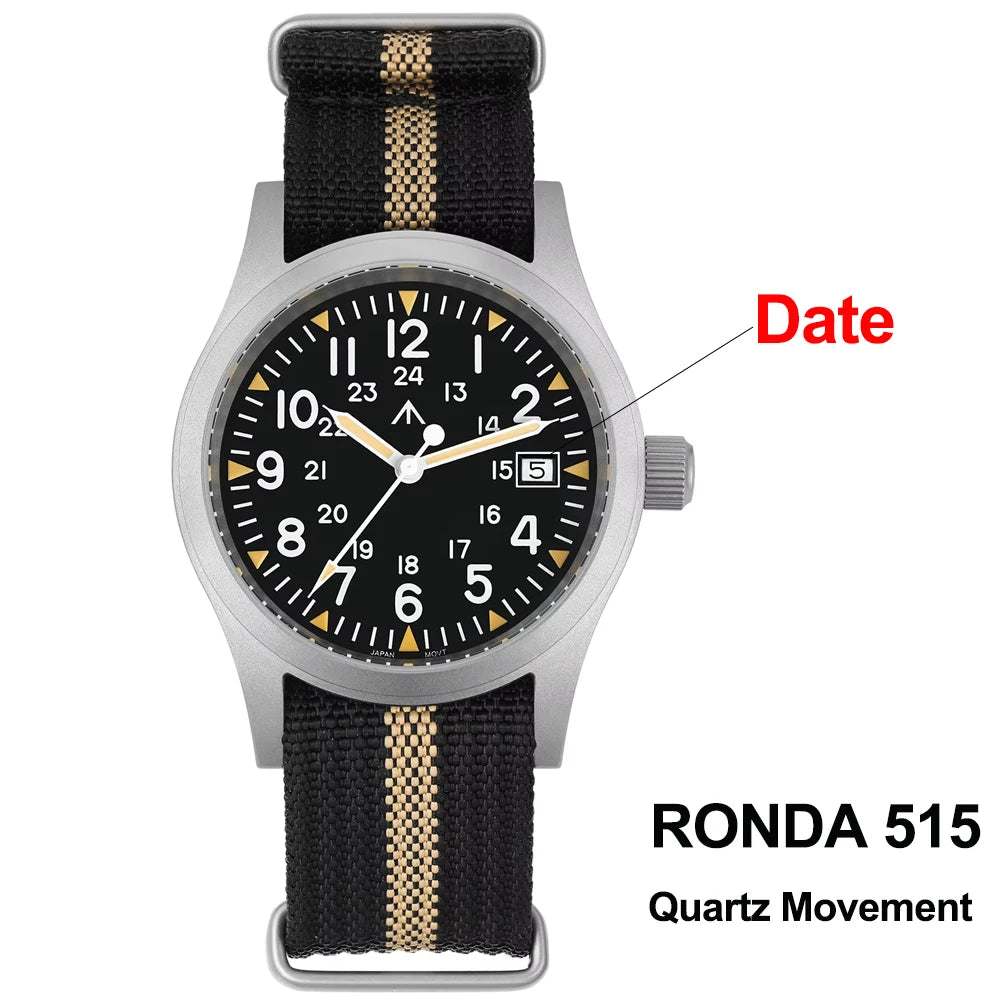 Militado ML05 38mm Military Field Watch VH31 Sweep Quartz Movement Domed Sapphire Crystal Waterproof 100M Super Luminous Watches