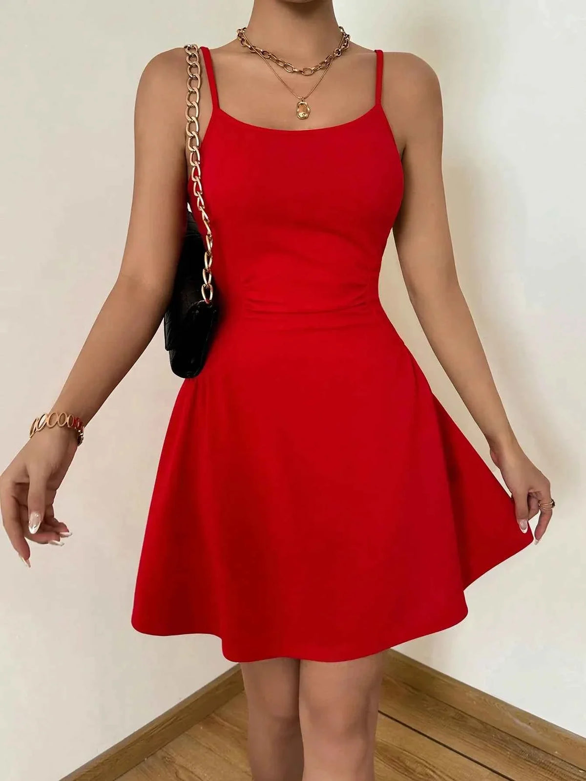 A lady's cinched waist, tight red halter top, A-line mini dress, elegant vacation, daily dance, party - Maliame Store