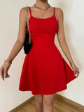 A lady's cinched waist, tight red halter top, A-line mini dress, elegant vacation, daily dance, party - Maliame Store