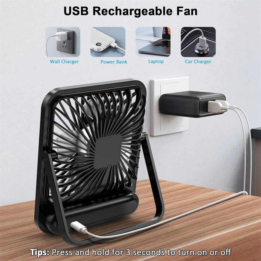 Ventilateur Bureau Pliable USB Rechargeable – 5 Vitesses, Inclinaison 180°, Affichage Batterie