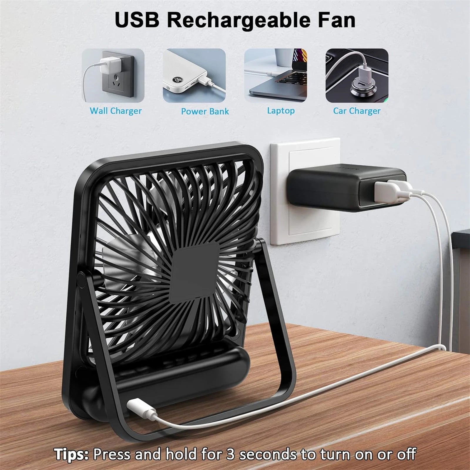 Ventilateur Bureau Pliable USB Rechargeable – 5 Vitesses, Inclinaison 180°, Affichage Batterie