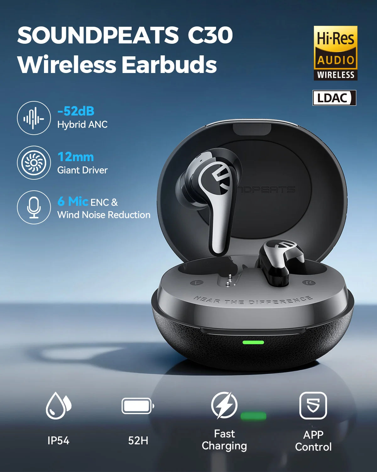 Écouteurs sans fil SOUNDPEATS C30 – ANC hybride -52 dB Casque Bluetooth 6.0 Audio LDAC haute résolution, 6 micros ENC, charge rapide, IP54