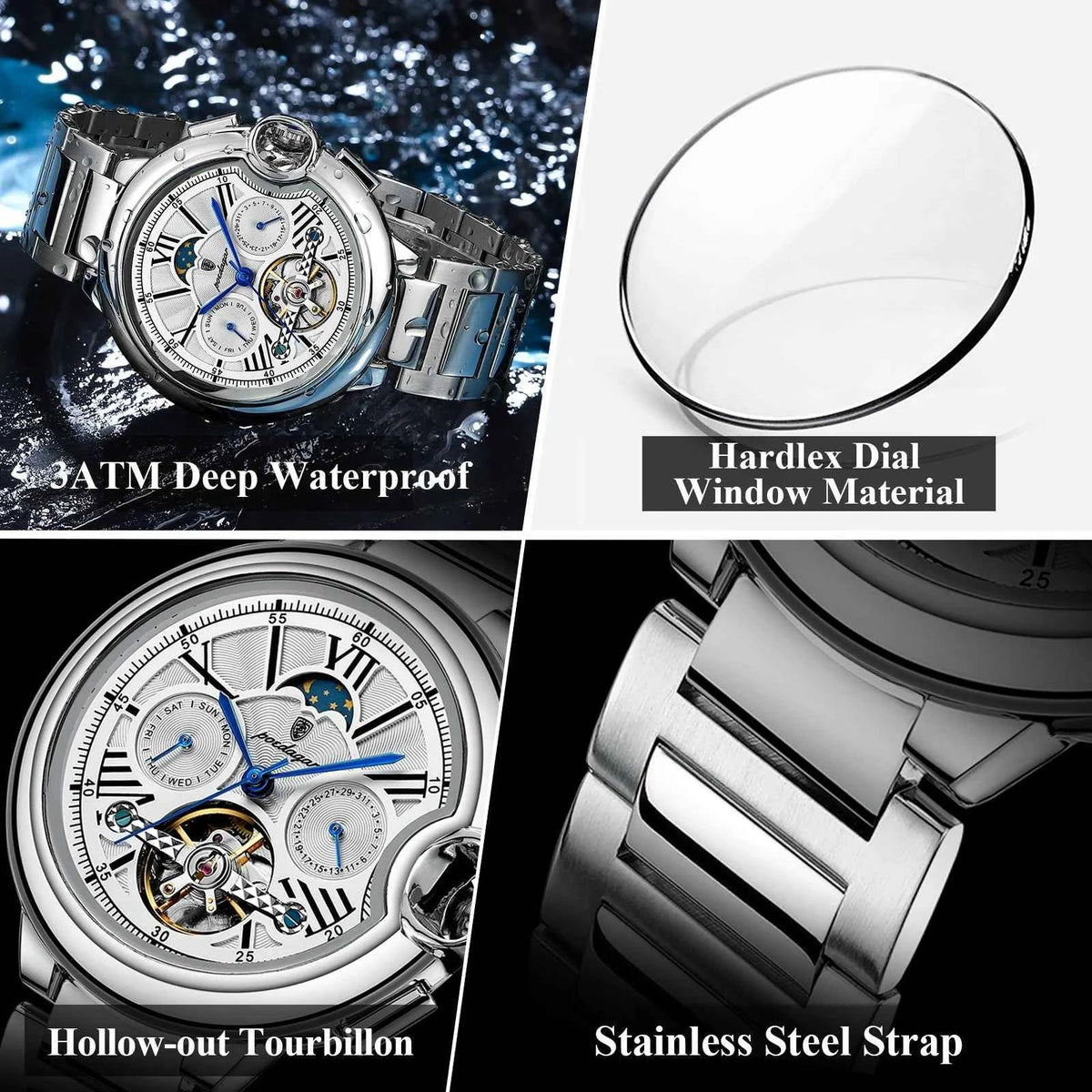 POEDAGAR Luxury Business Male Watch Date Week Stainless Steel Tourbillon Men Clock Waterproof Automatic Mechanical Men's Watches - Maliame Store