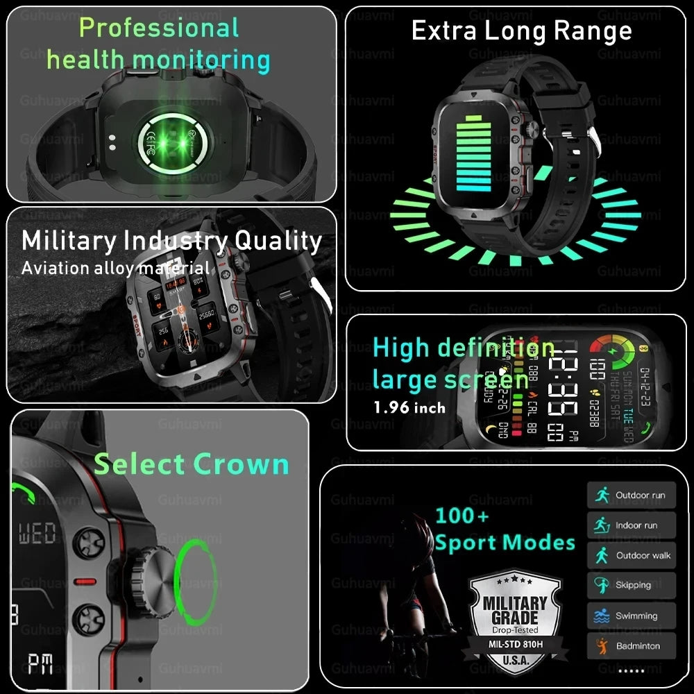 2024New Rugged Military Fitness Smart Watch Men For Android Xiaomi IOS 3ATM Waterproof Sport Ai Voice Calling Smartwatch Outdoor - Maliame Store