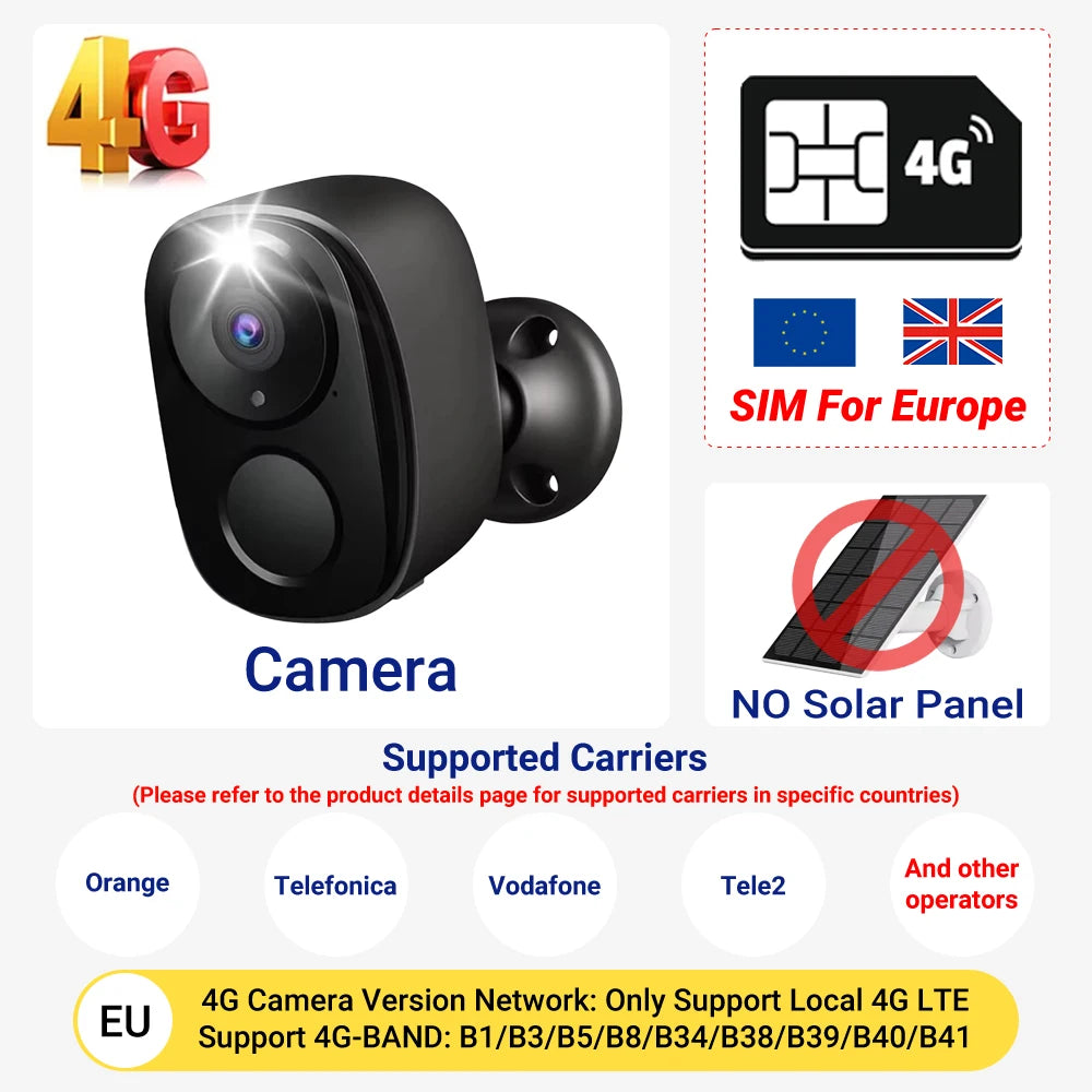 Caméra de sécurité solaire 4G 5MP WiFi 2,4G sans fil extérieure vision nocturne couleur alimentée par batterie support PIR étanche audio bidirectionnel