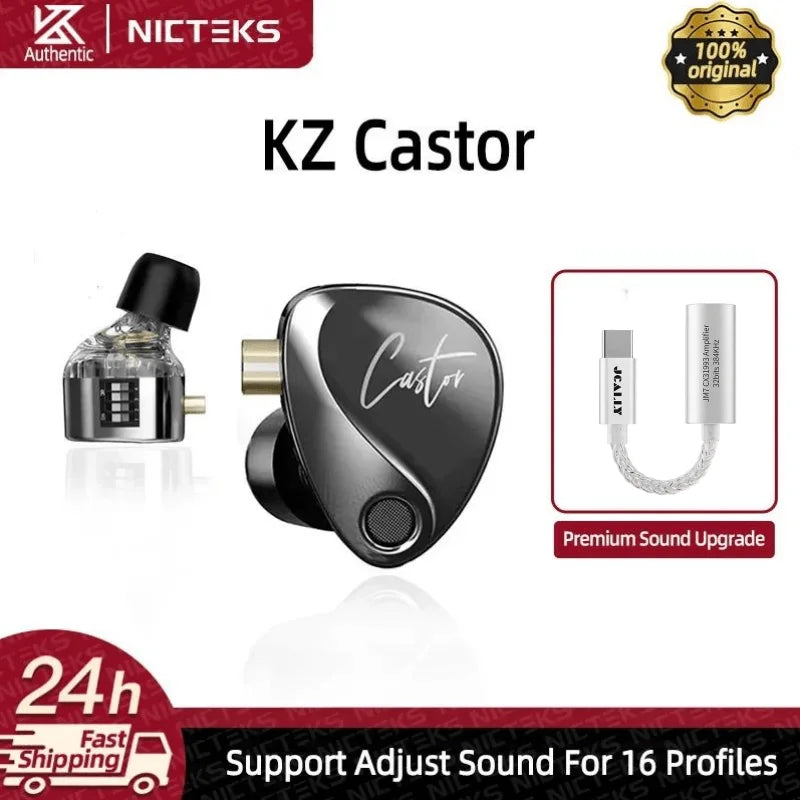 Écouteurs filaires KZ Castor avec basses améliorées, écouteurs HiFi, 2 haut-parleurs dynamiques haut de gamme à armature équilibrée, écouteurs intra-auriculaires avec accessoires