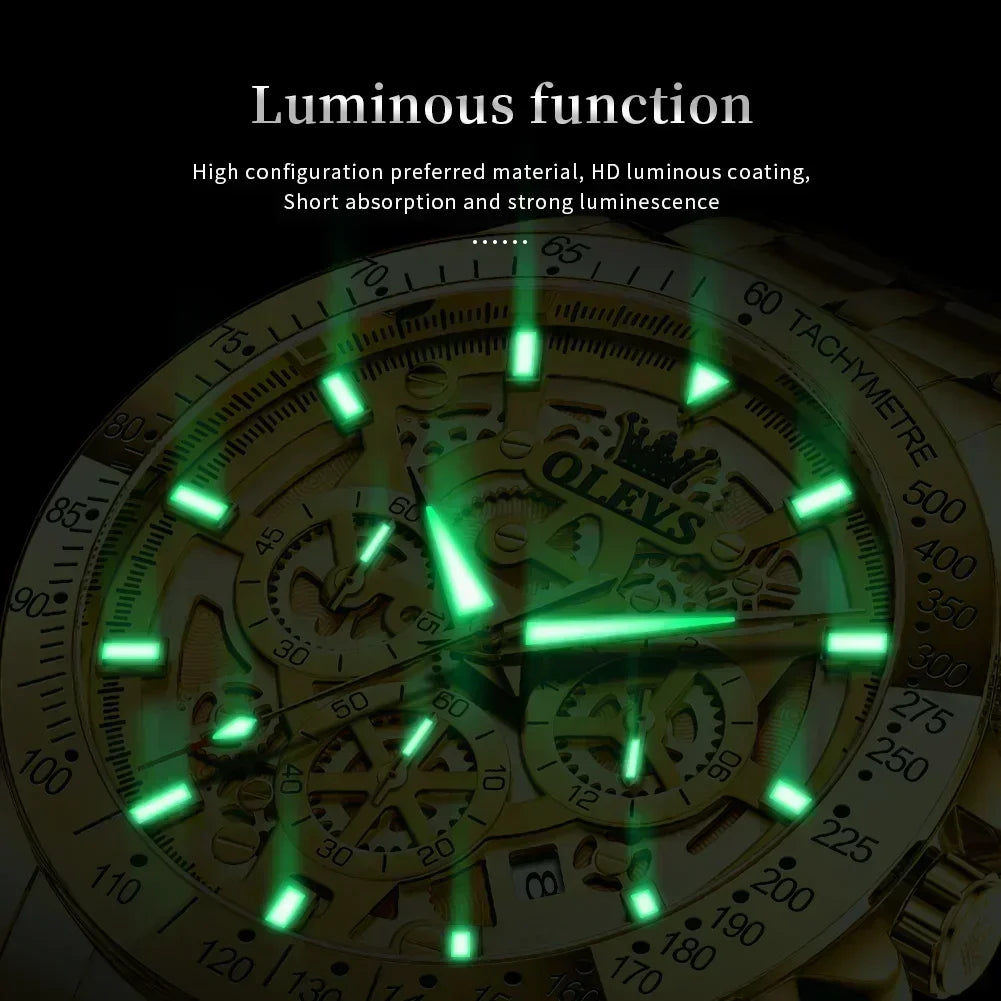 OLVES Luxury Men's Watches Golden Stainless Steel Man Watch Luminous Quartz Wrist Watch Automatic Movement Watches for Men Clock