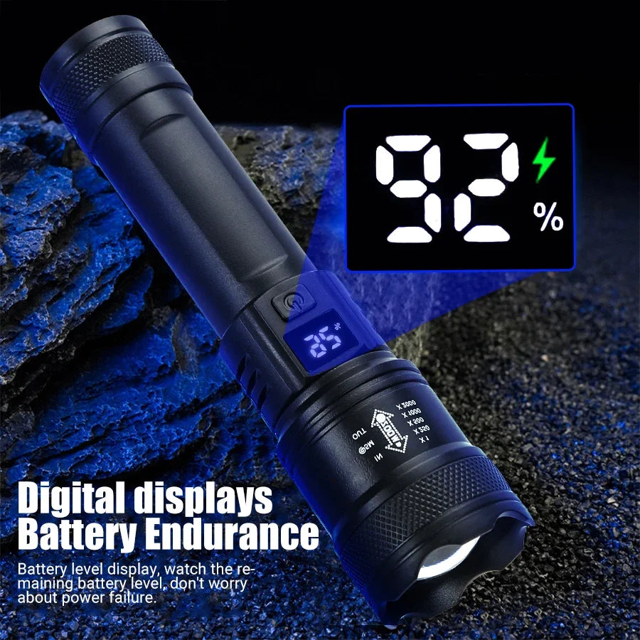High Strong Power Led Flashlights 2000LM Tactical Torch with Display Light USB Charging Camping Fishing Emergency Zoom Lantern - Maliame Store