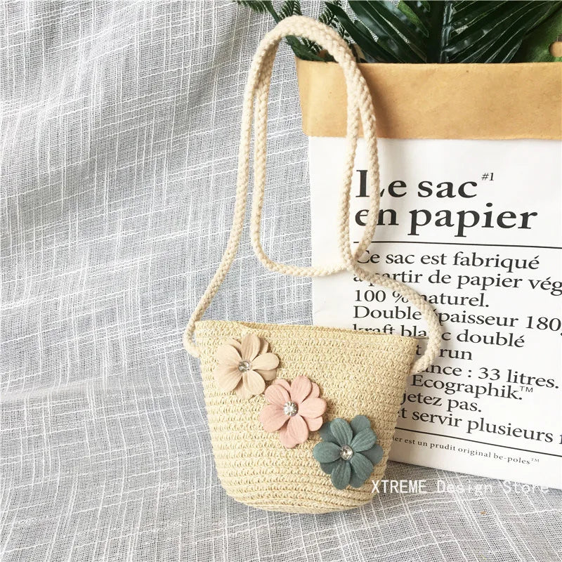 Summer Children's Straw Woven Messenger Bag Lovely Girls Small Coin Purse Handbags Baby Kids Mini Shoulder Bags Princess Wallet - Maliame Store