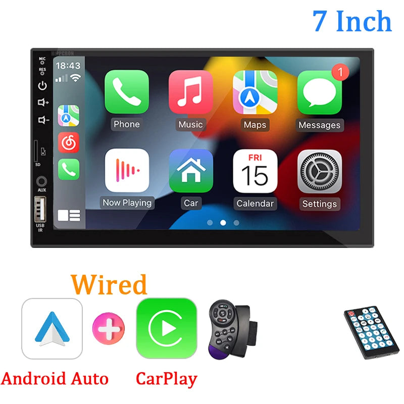 Autoradio 7" 1 Din – CarPlay, Android Auto, Bluetooth, Écran Tactile HD, FM/AUX