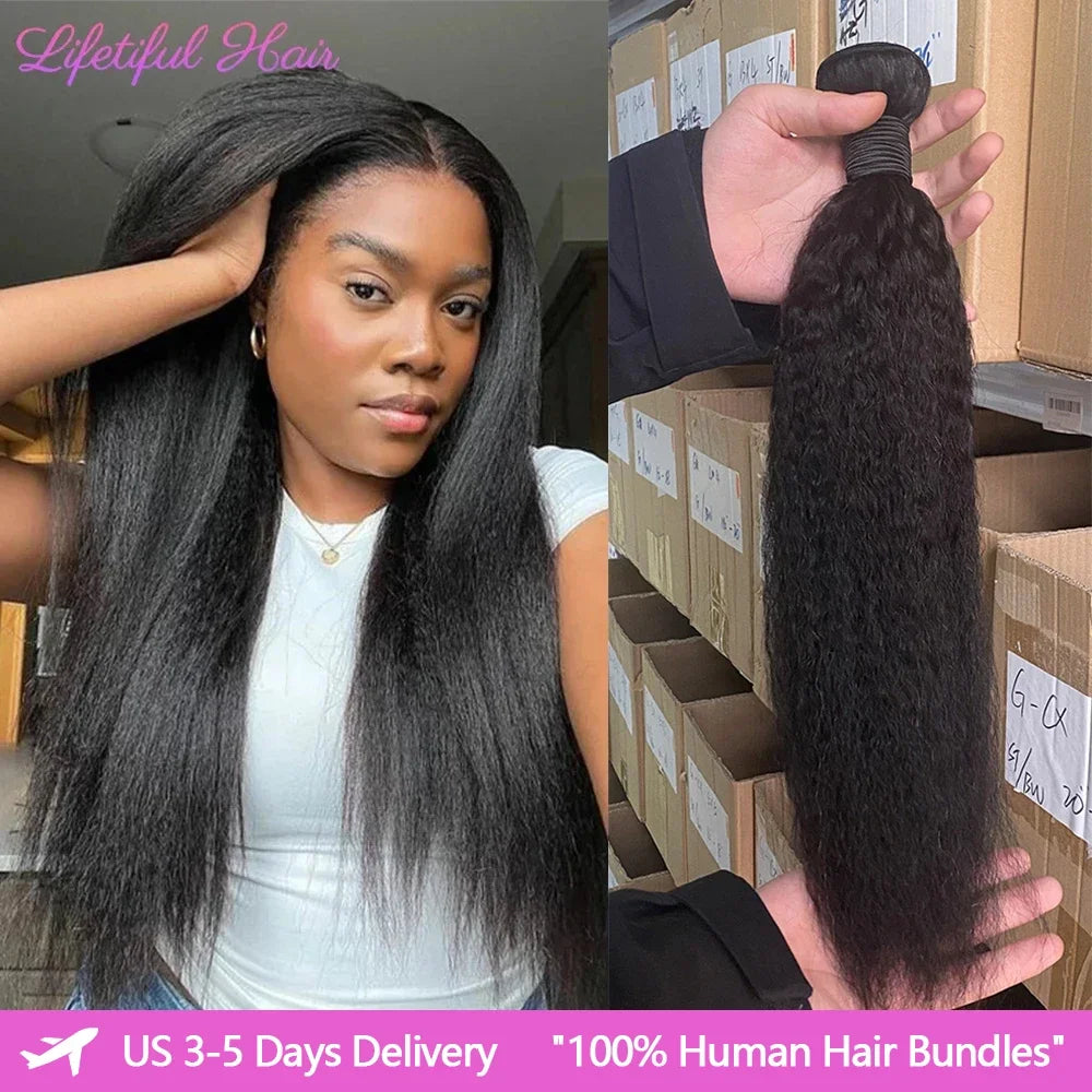 Kinky Straight Human Hair Bundles 1/3/4 Yaki Bundles 28 30 32 Inch Bundles Brazilian Raw Human Hair Extensions for Women - Maliame Store