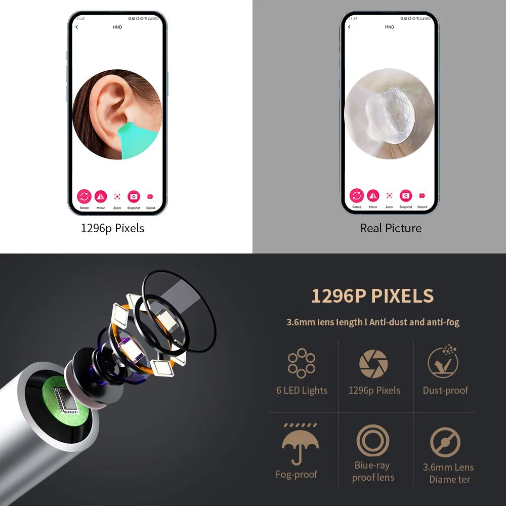 Smart Visual Ear Cleaner with Camera 1296P Ear Sticks USB C Charging Ear Wax Removal Tool WIFI Connection 6 LED Lights Earpick - Maliame Store