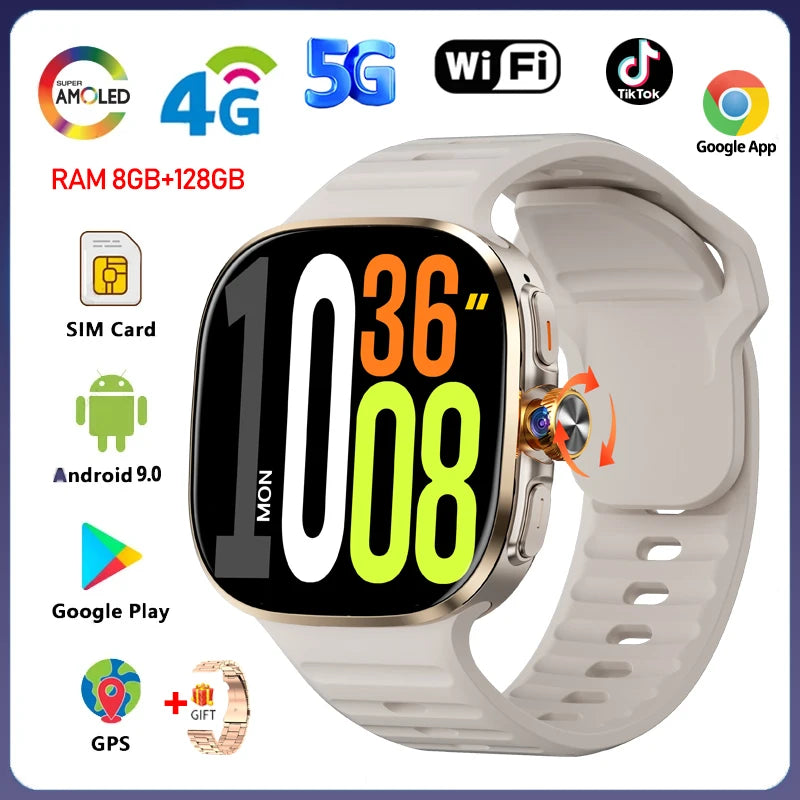 Montre Intelligente 5G/4G Tout Réseau Appel Vidéo sur Grand Écran HD 2,40 pouces 720*720 8 Go+128 Go de RAM Google Play WIFI GPS Smartwatch 2100 mAh