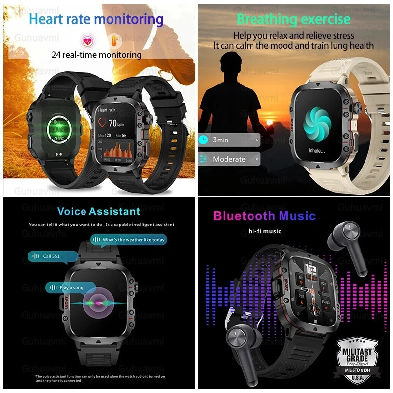 2024New Rugged Military Fitness Smart Watch Men For Android Xiaomi IOS 3ATM Waterproof Sport Ai Voice Calling Smartwatch Outdoor - Maliame Store