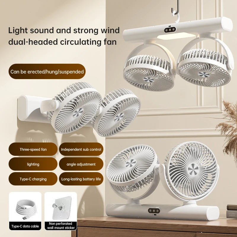Ventilateur Double Tête Rechargeable – 3 Vitesses, Charge Type-C & Veilleuse