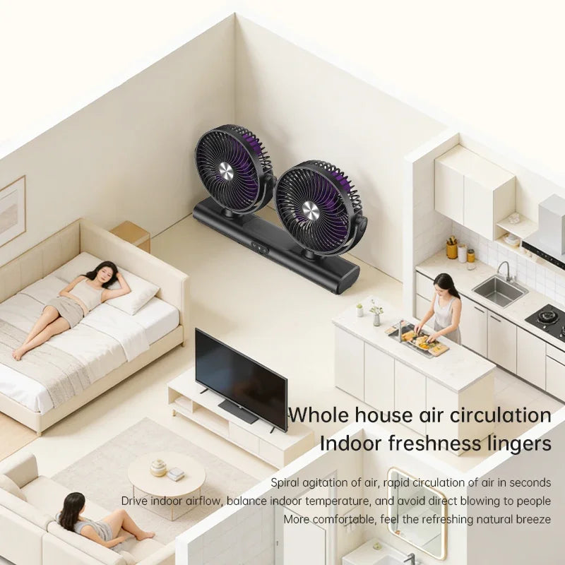 Ventilateur Double Tête Rechargeable – 3 Vitesses, Charge Type-C & Veilleuse
