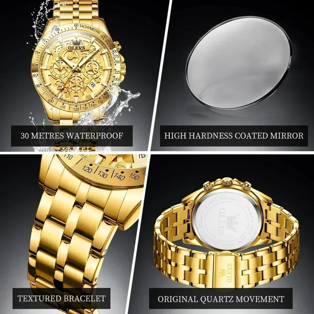OLVES Luxury Men's Watches Golden Stainless Steel Man Watch Luminous Quartz Wrist Watch Automatic Movement Watches for Men Clock