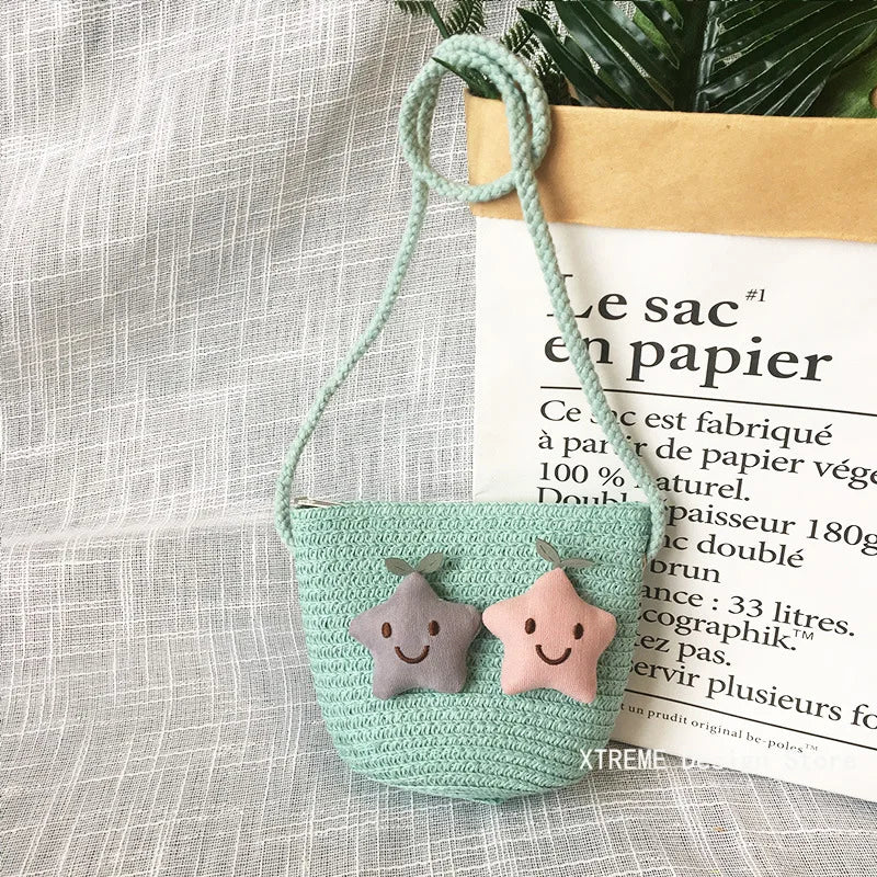 Summer Children's Straw Woven Messenger Bag Lovely Girls Small Coin Purse Handbags Baby Kids Mini Shoulder Bags Princess Wallet - Maliame Store