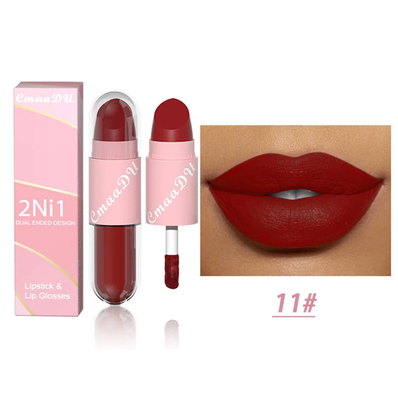 18 Colors 2 in 1 Matte Lipstick Liquid Purple Lip Glaze Double Head Lip Makeup Lasting Waterproof Velvet Sexy Dark Red Lipsticks - Maliame Store