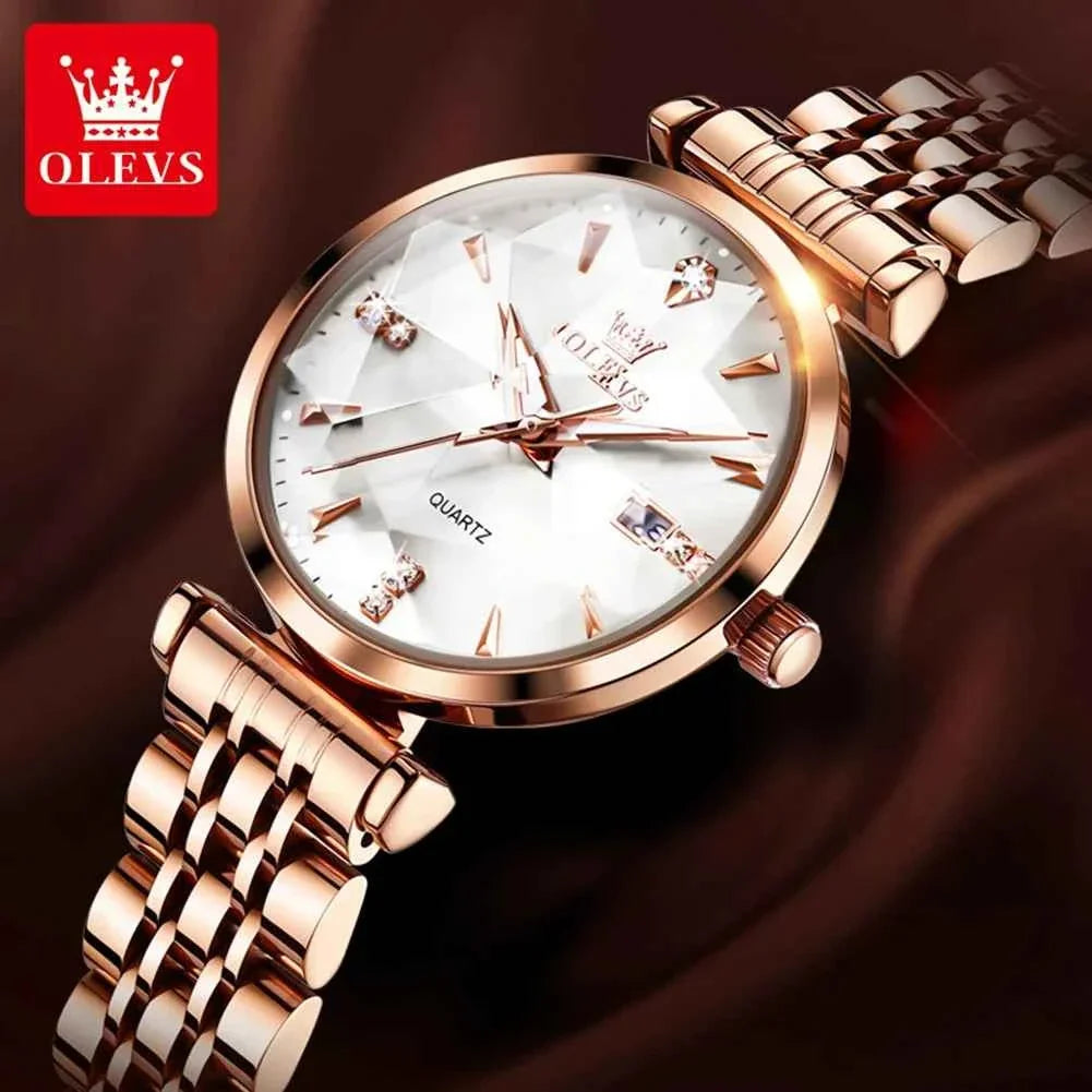 OLEVS Women Luxury Watch Stainless Steel Quartz with Zircon Scale - Original Fashion Automatic Date Ladies Watch - Maliame Store