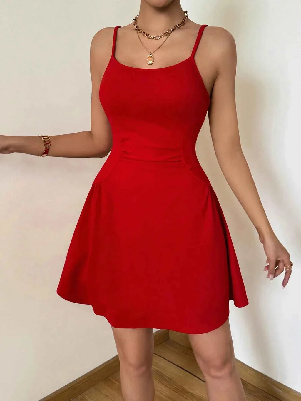 A lady's cinched waist, tight red halter top, A-line mini dress, elegant vacation, daily dance, party - Maliame Store