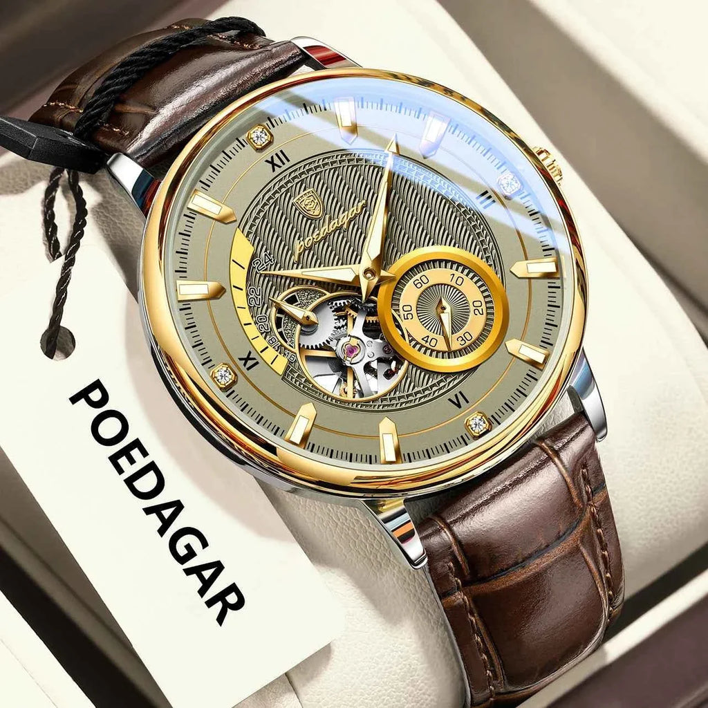POEDAGAR Fashion Business Men Watch Waterproof Luminous Hollow Tourbillon Male Clock Automatic Mechanical Leather Men's Watches - Maliame Store