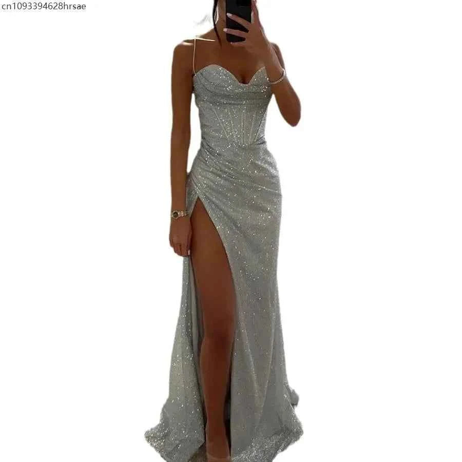 Sexy Off-shoulder Gown Dress Elegant Sequin Maxi Dresses for Evening Party Prom Slip Slim Split Long Canonicals