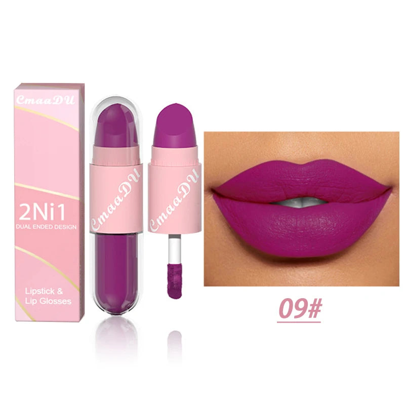 18 Colors 2 in 1 Matte Lipstick Liquid Purple Lip Glaze Double Head Lip Makeup Lasting Waterproof Velvet Sexy Dark Red Lipsticks - Maliame Store