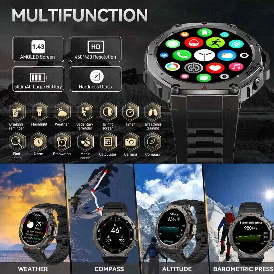 T-Rex 3 Pro Military Smart Watch Built-in Dual-band GPS Compass Clock 10ATM&IP69K Waterproof Altimeter Barometric Sport Bracelet - Maliame Store