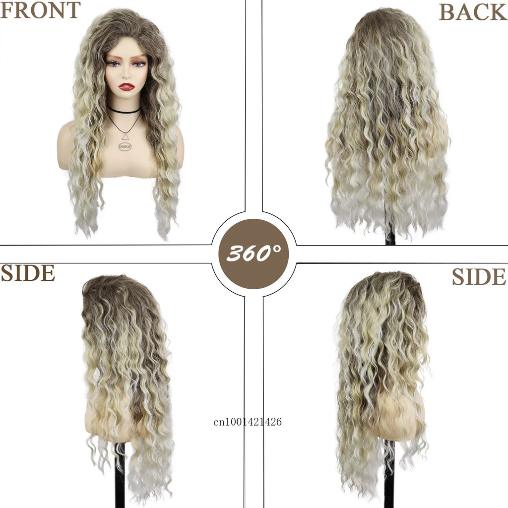 New Ash Blonde Wig Synthetic Long Curly Hair Wigs for Women Fluffy Wave Ombre Wig Costume Carnival Party Regular Cur Wig 26 Inch - Maliame Store