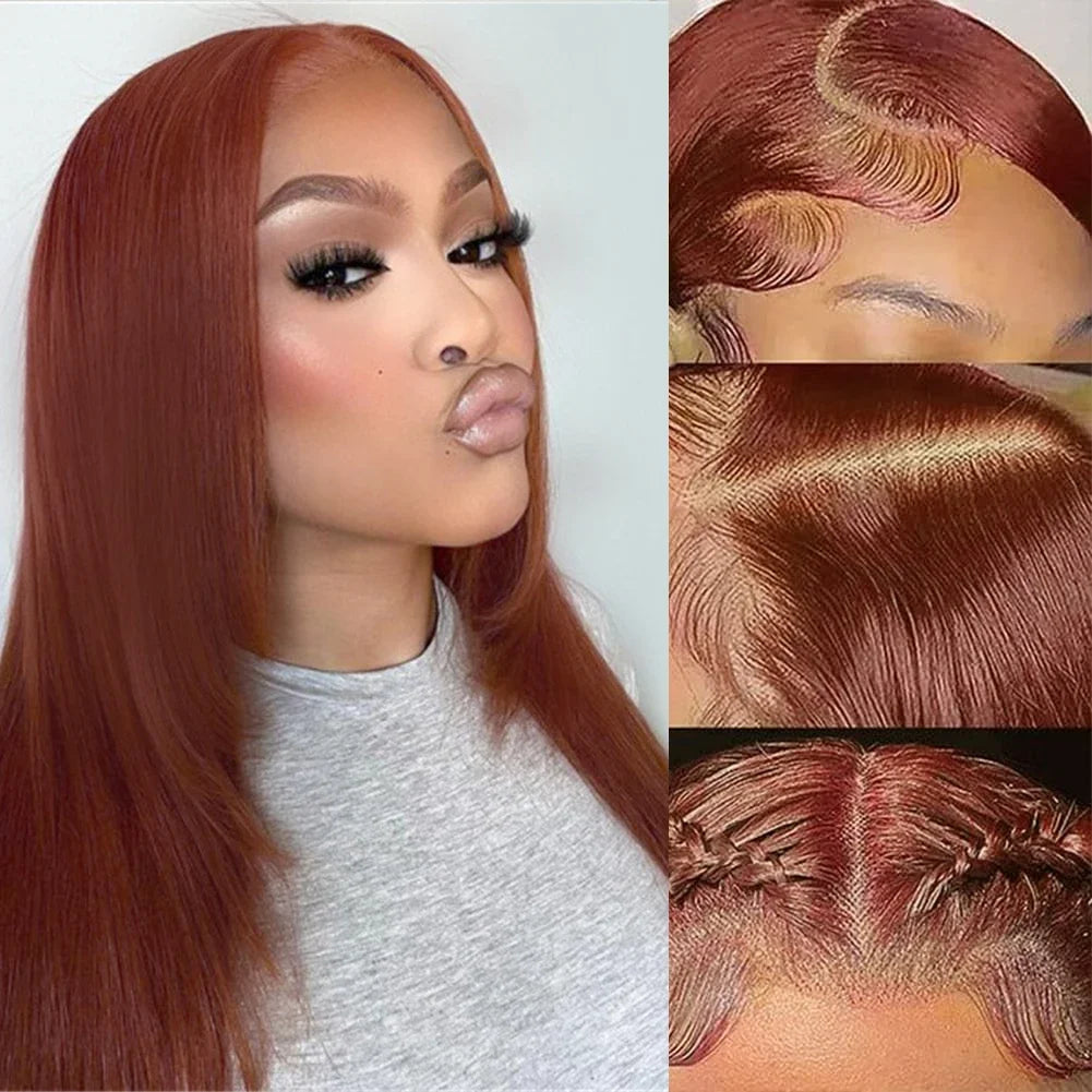 HD Straight Lace Front Wig Layered Wigs Reddish Brown Layered Cut Lace Wigs Copper Red Synthetic Butterfly Haircut Glueless Wigs - Maliame Store