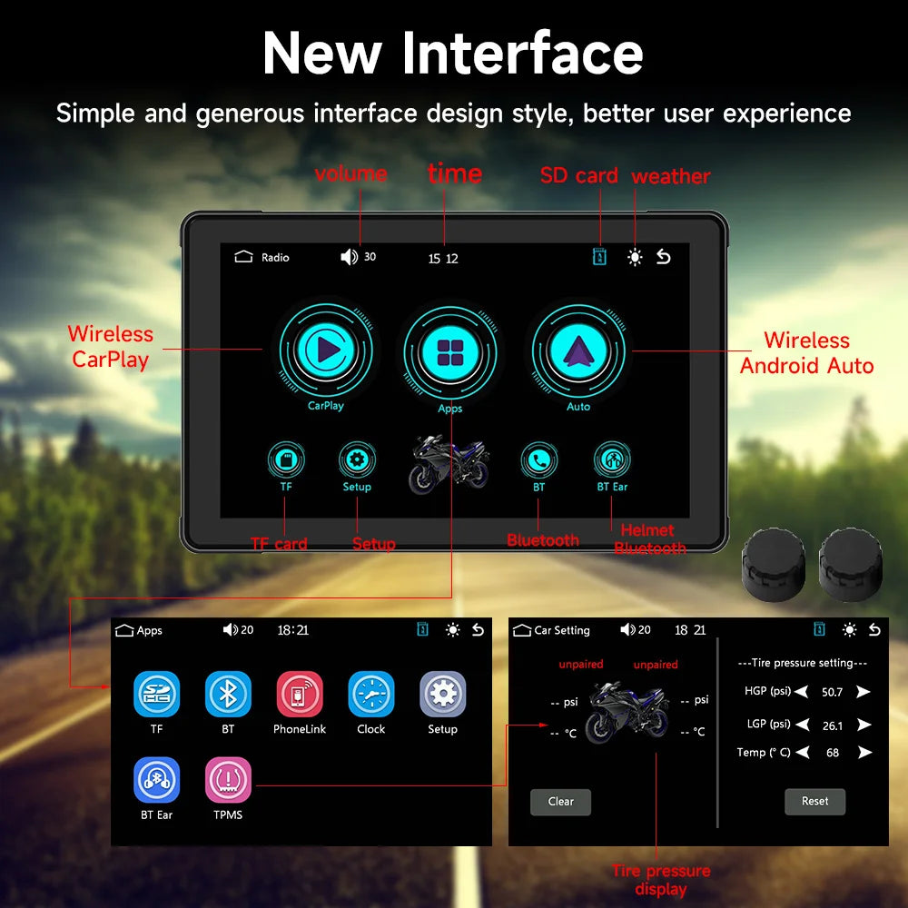 JIUYIN 7-Inch Motorcycle CarPlay & Android Auto Screen